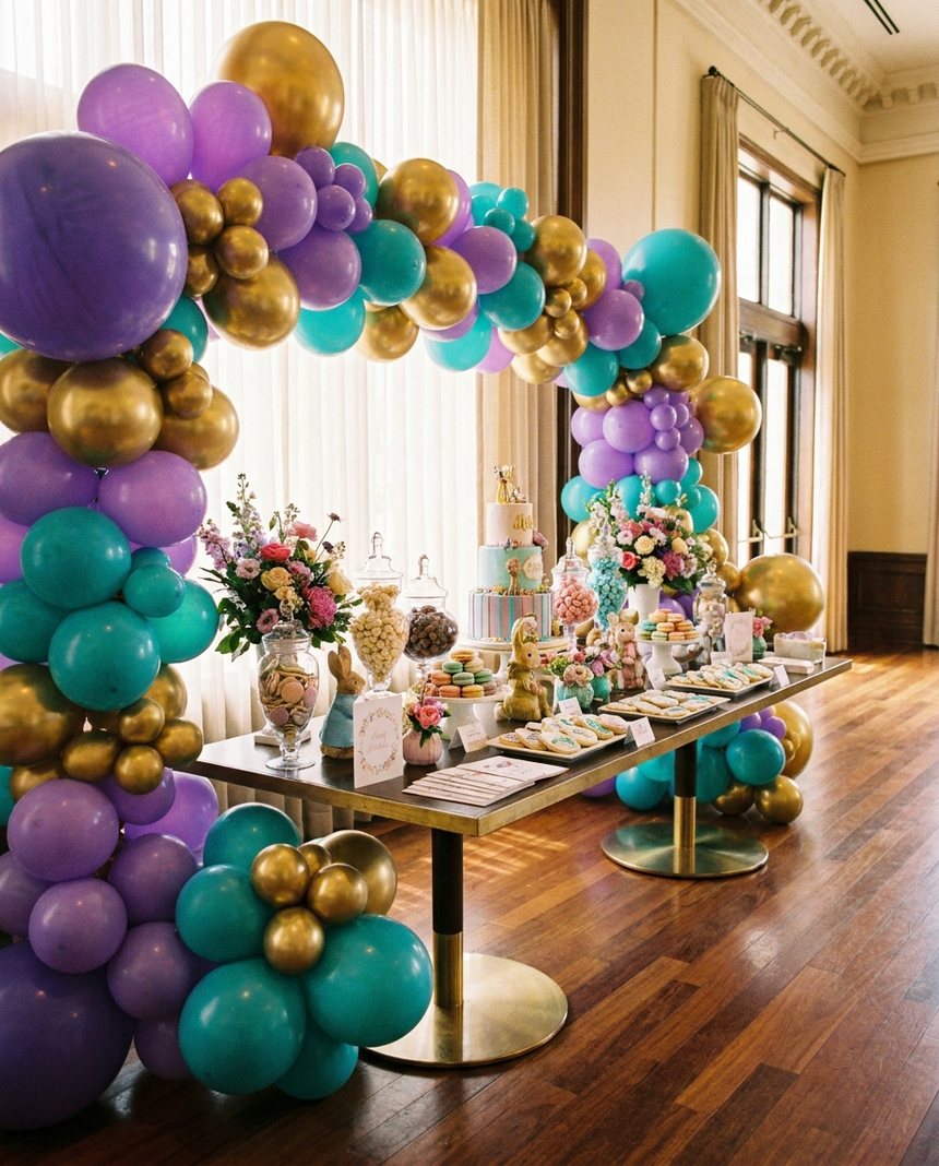 Mesa de festa infantil decorada com balões, bolo e doces